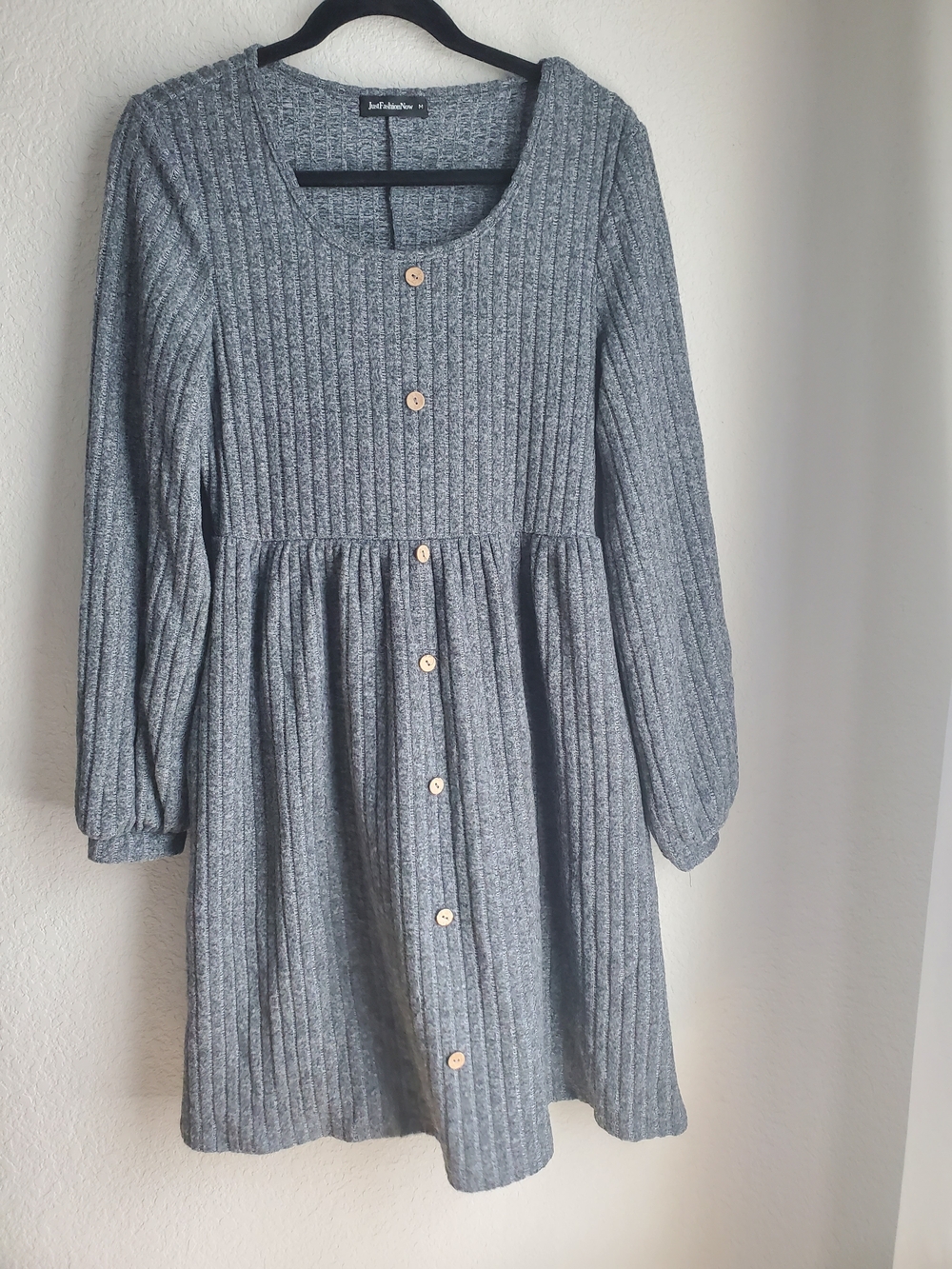 Ribbed Gray Button-Front Casual Dress